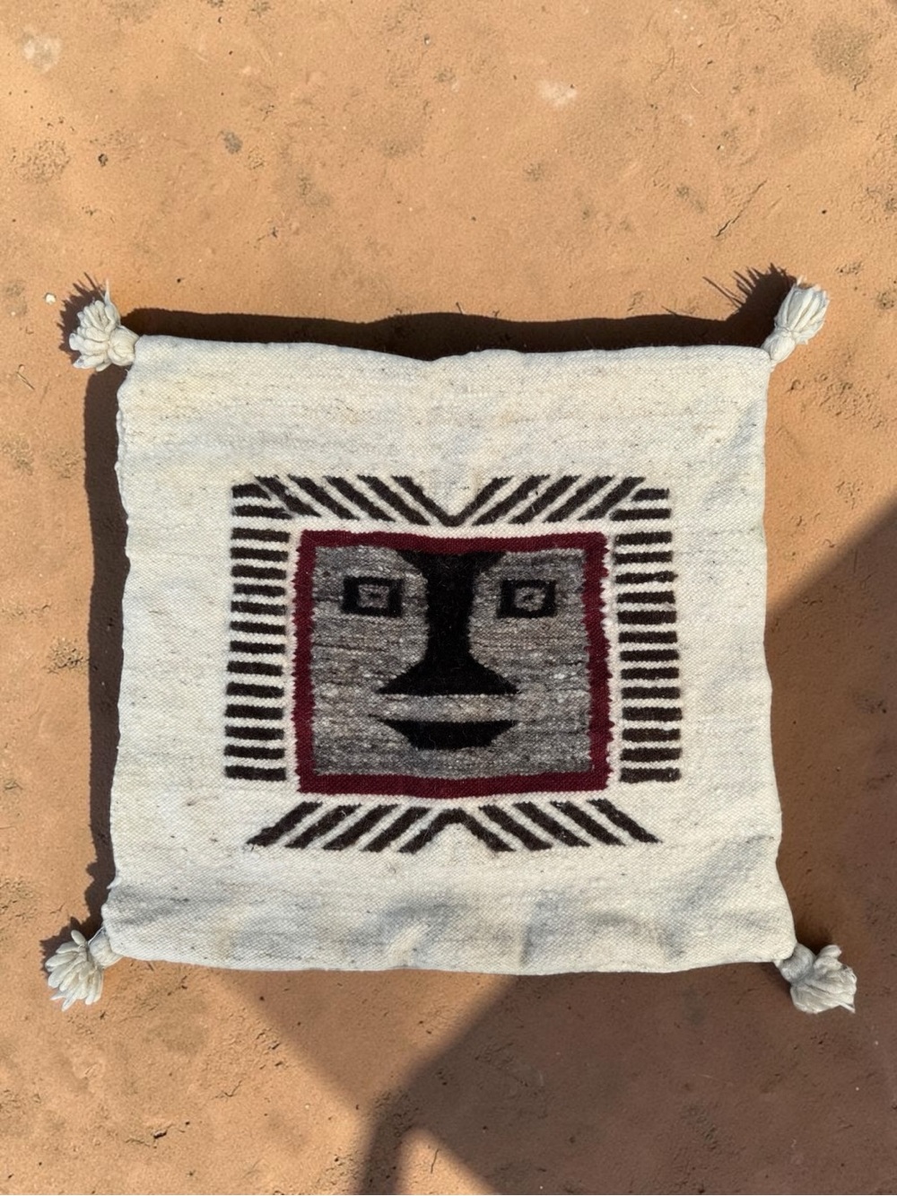 Handwoven Aztec Mexican 100% Wool Face Motif Throw Pillow Cover